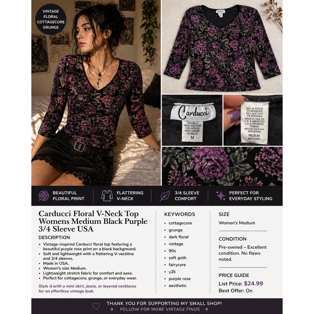 Carducci Floral V-Neck Top Womens Medium Black Purple 3/4 Sleeve USA